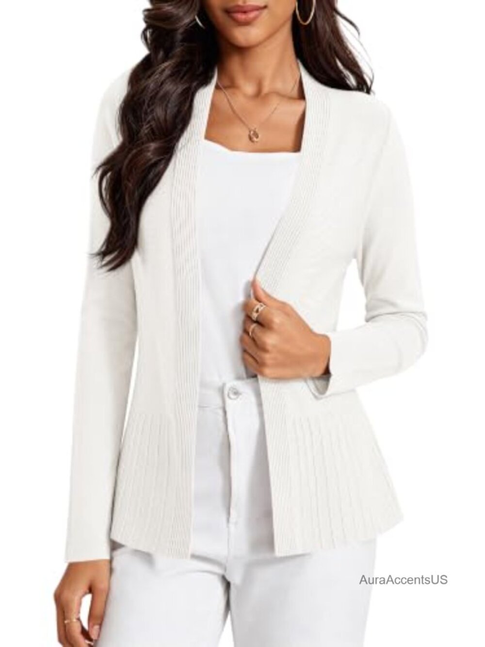 Lightweight Cardigan Sweater Open Front V-Neck Long Sleeve Ruffled Hem